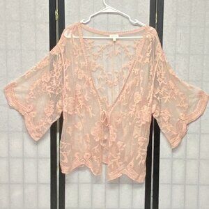 Dizzy Gal Peach Embroidered Lace Sheer V Neck Kimono Ruana Coverup Bell Sleeve S